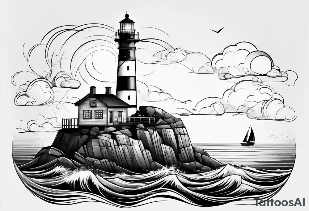 maritime lighthouse partially hidden by its  large fixed sails. tattoo idea