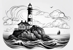maritime lighthouse partially hidden by its  large fixed sails. tattoo idea