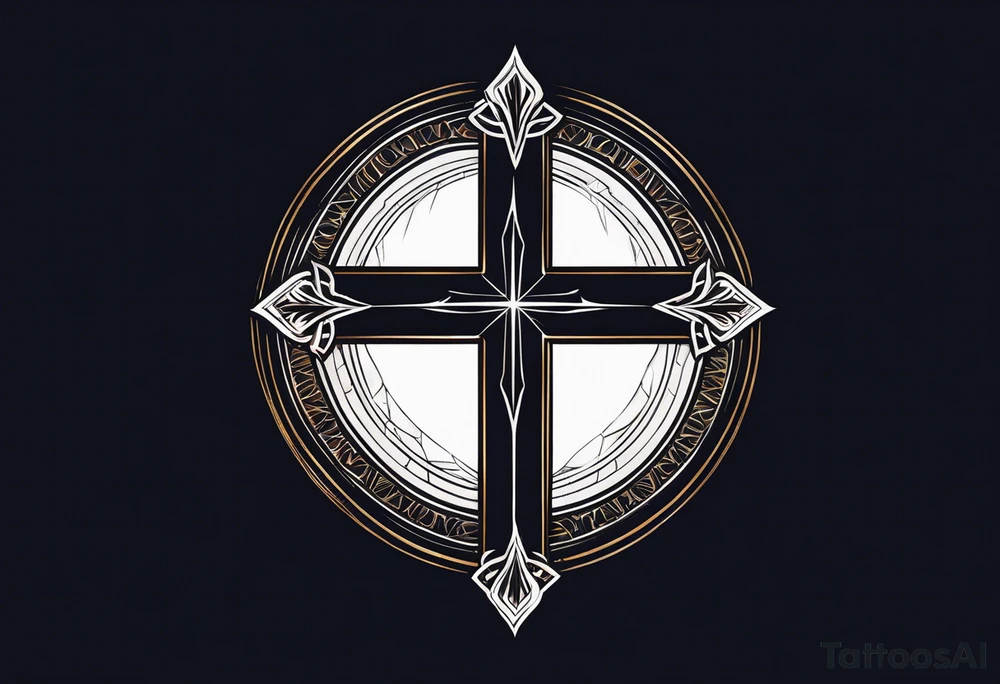 A minimalist tattoo featuring a cross rising from a dark background. The cross should be adorned with a small crown, symbolizing Christ's victory. tattoo idea