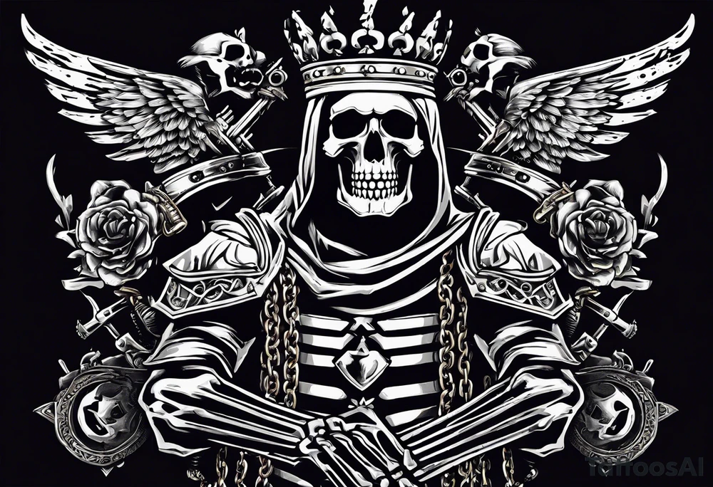 image of a skeleton standing frontally with a crown on his head, holding an AK-47 on his shoulder with his right hand. The chain on the left should be taut, there are three angry barking Dobermans in it, near the waist tattoo idea