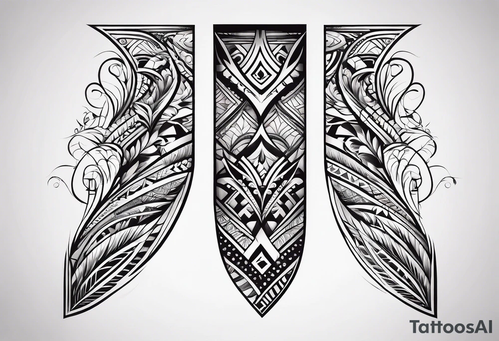 Simple vertical line work with tribal elements (for the bicep area) tattoo idea