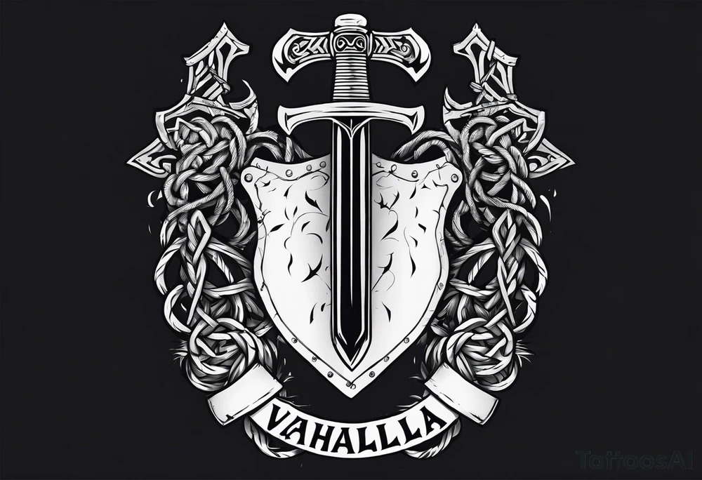 Valhalla sword shield axe barbed wire chains dark cloud tattoo idea