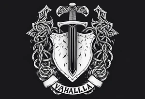Valhalla sword shield axe barbed wire chains dark cloud tattoo idea