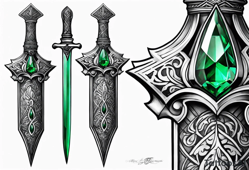 An athame dagger with the hilt turned upward and an emerald gemstone on the hilt not on the blade tattoo idea