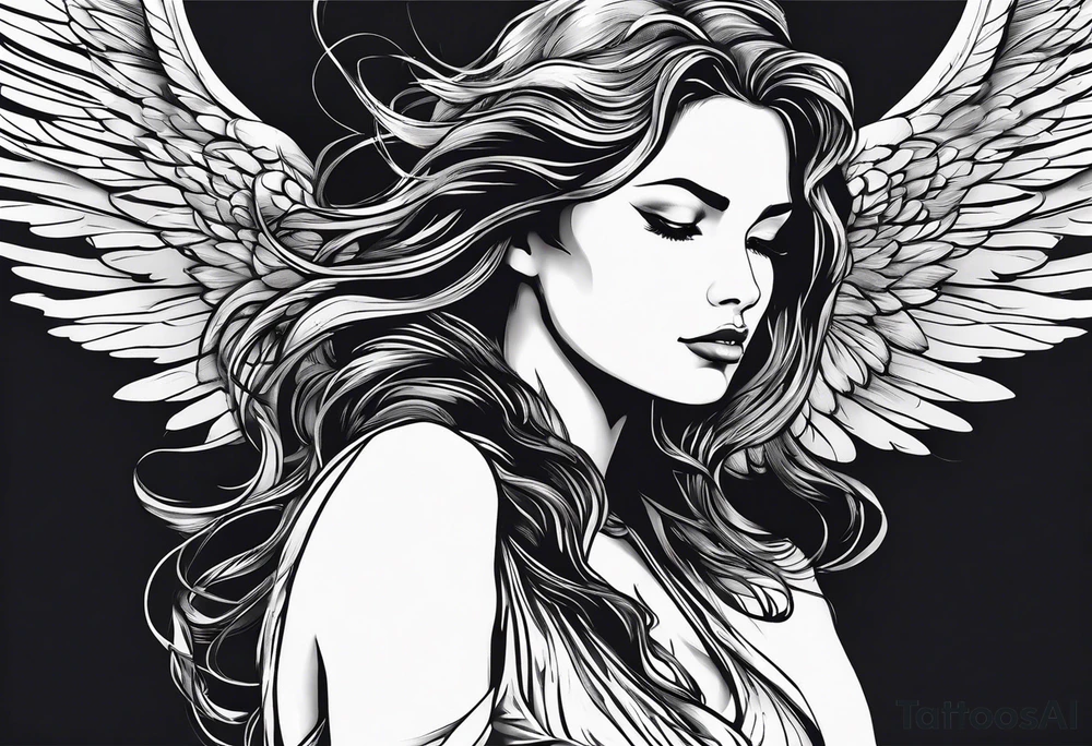 angel woman with big wings full body flying on the sky looking right side  we  can see right profile tattoo idea