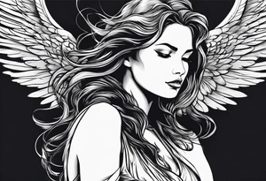 angel woman with big wings full body flying on the sky looking right side  we  can see right profile tattoo idea