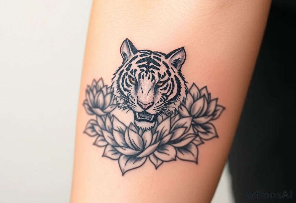 fierce tiger emerging through blooming lotus flowers in mist tattoo idea