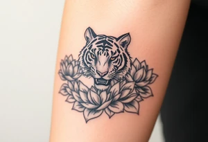 fierce tiger emerging through blooming lotus flowers in mist tattoo idea
