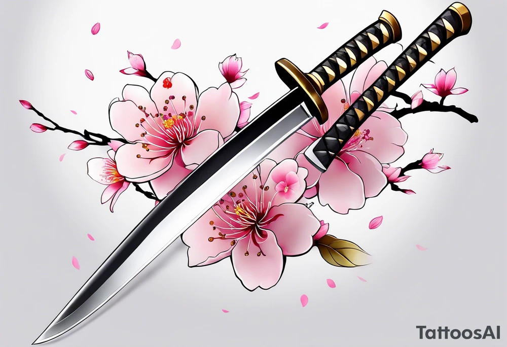 Katana with cherry blossoms and shadow kanji tattoo idea