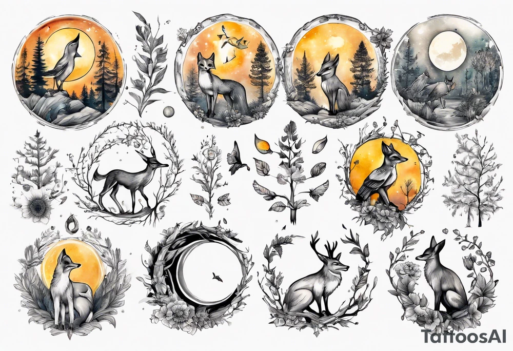 wasser, sonne, mond, fuchs, eule kolibri, wald, hirsch, blume des lebens, 
baum, berlin tattoo idea