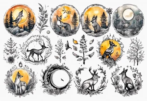wasser, sonne, mond, fuchs, eule kolibri, wald, hirsch, blume des lebens, 
baum, berlin tattoo idea