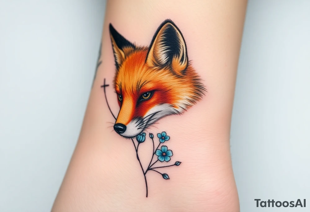 adult fox with blue jewelry smelling wild flowers tattoo idea