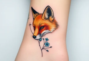 adult fox with blue jewelry smelling wild flowers tattoo idea