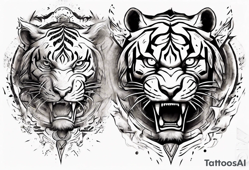 Ancient tiger with lightning and a sun for a forearm sleeve. With patterns surrounding it tattoo idea