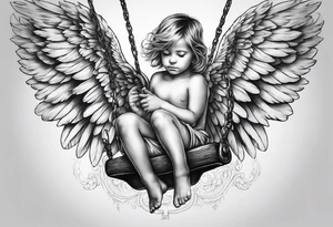angel child on swing with sagging wings, head down tattoo idea