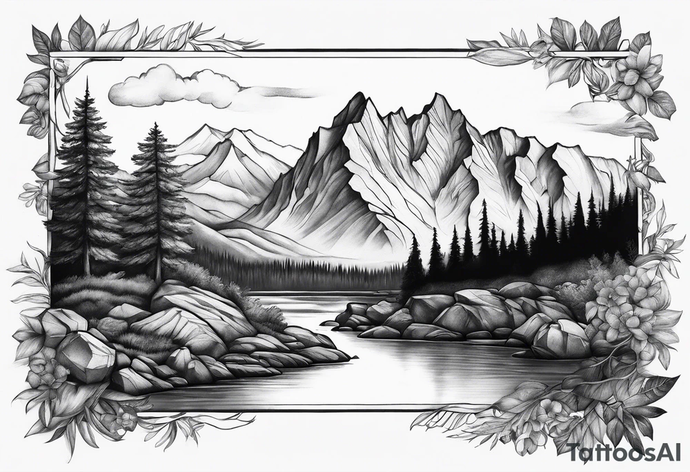 Full sleeve, mountains, river, and waterfall tattoo idea