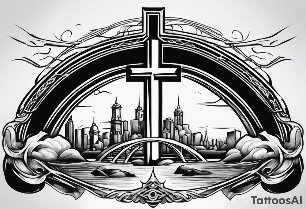 Inner bicep, stretched horizontally, bridge leading to a cross tattoo idea