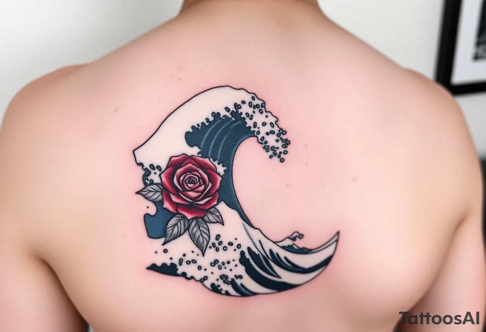 Arm tattoo of The Great Wave off Kanagawa in black and white with a beautiful red rose tattoo idea