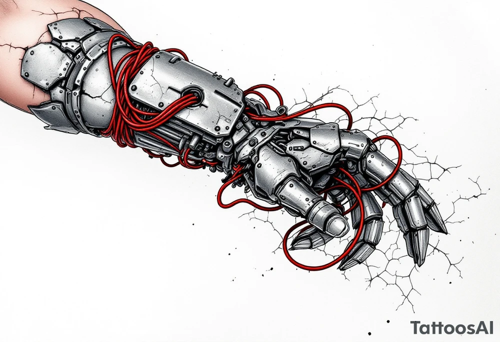 A biomech arm built from rusted iron plates and crimson wires, emerging from beneath cracked human skin. tattoo idea