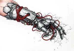 A biomech arm built from rusted iron plates and crimson wires, emerging from beneath cracked human skin. tattoo idea
