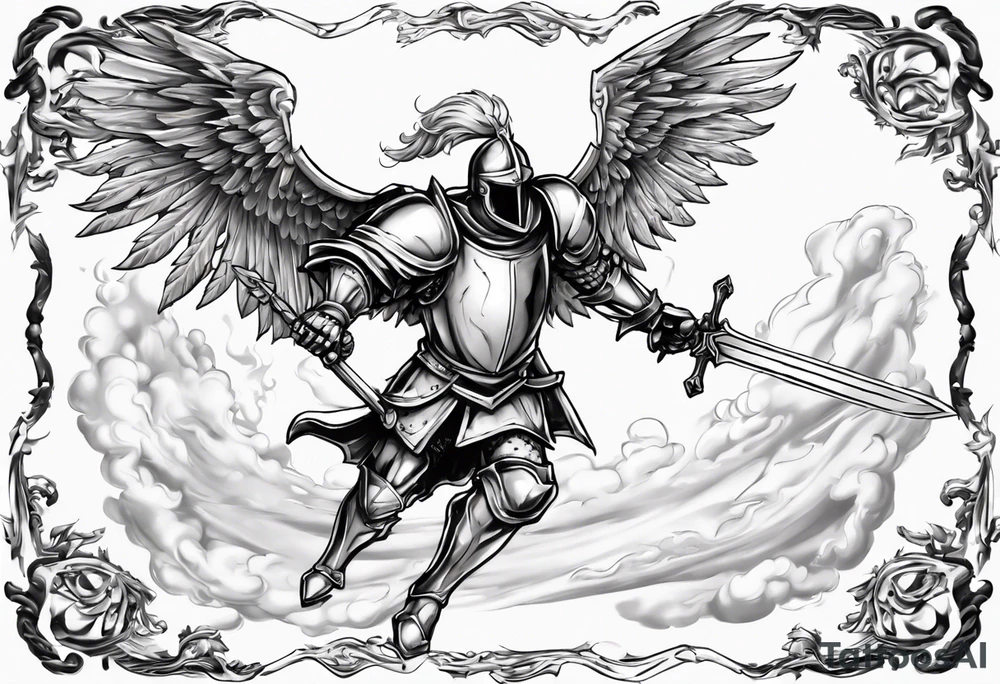 A Winged Paladin Knight in mid-air with his sword about to attack. tattoo idea