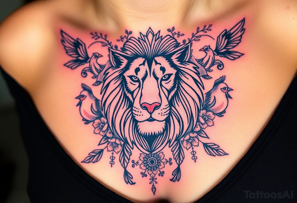 powerful majestic lion with a crown, surrounded by floral ornaments and birds tattoo idea