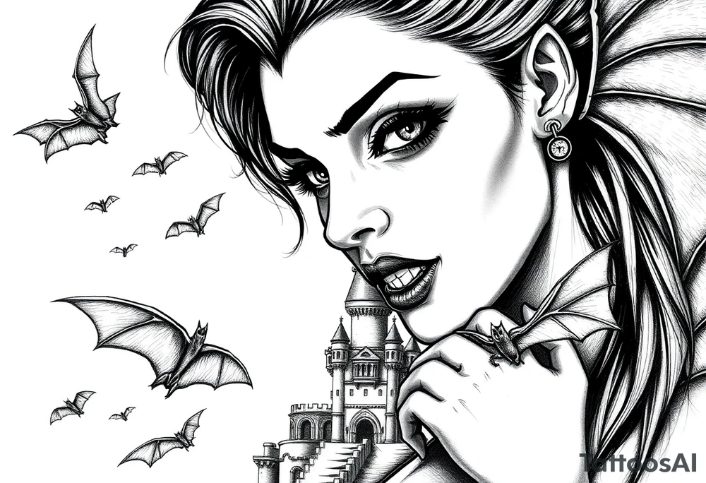 female vampire,bats,old castle. tattoo idea