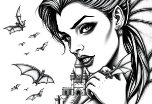 female vampire,bats,old castle. tattoo idea