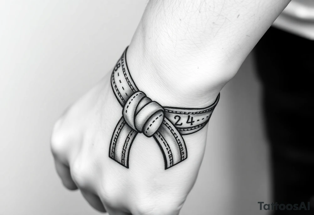 A realistic black and gray tattoo of a Brazilian Jiu-Jitsu black belt wrapping around the wrist like a bracelet. The belt is tied in a knot with one end showing the number 30 and the other showing 24. On the flat end of the belt, two Japanese kanji characters are inked in white: 成長 (growth) and 忍耐 (perseverance). The belt has subtle stitch marks and worn, textured shading for a slightly distressed, authentic look. The style is clean, symbolic, and bold, designed to wrap naturally around the wrist like a wristband.” tattoo idea