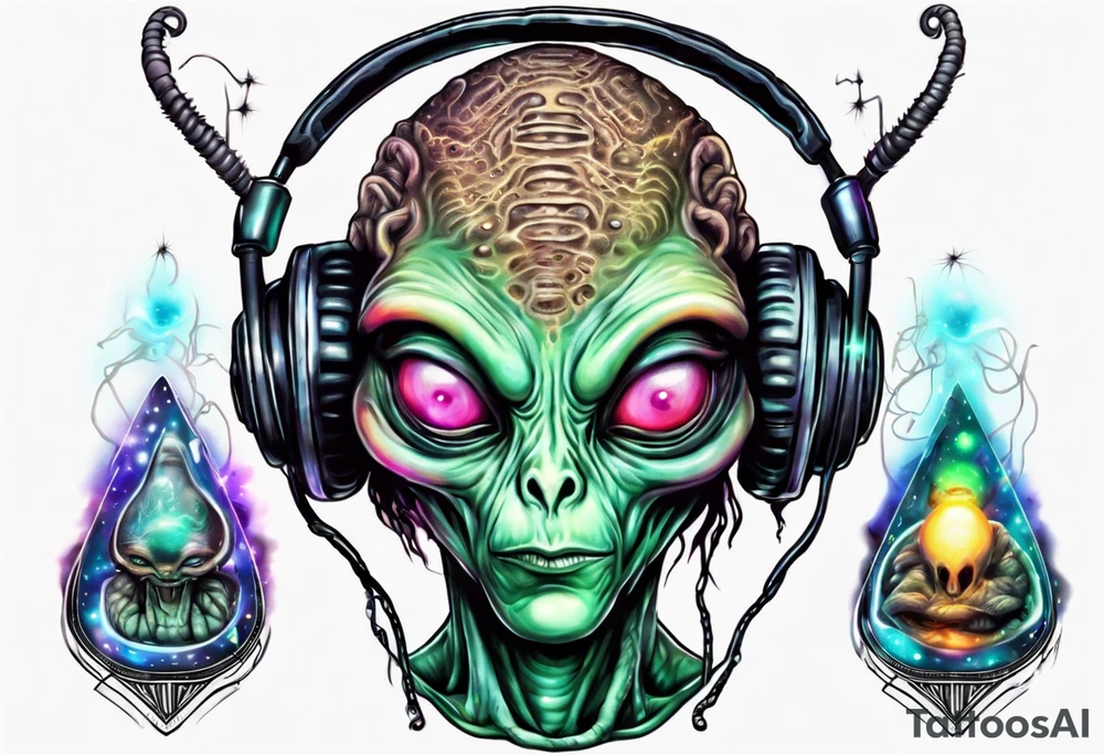 An alien DJ with a glowing pineal gland tattoo idea