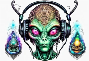 An alien DJ with a glowing pineal gland tattoo idea