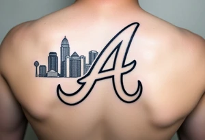 Atlanta Braves letter logo “A” overlapping the Atlanta skyline in the back on the left. The buildings as concise and jam packed parallel the the logo. tattoo idea