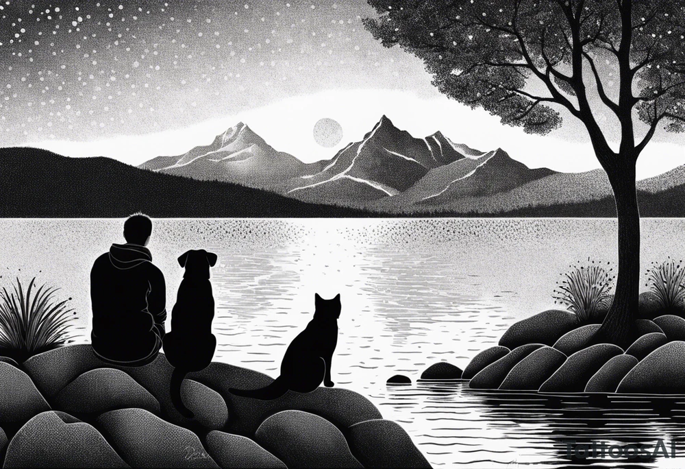 nature, sunset, mountains, a father and son sitting with their dog and cat 
by the water tattoo idea