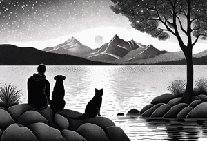 nature, sunset, mountains, a father and son sitting with their dog and cat 
by the water tattoo idea