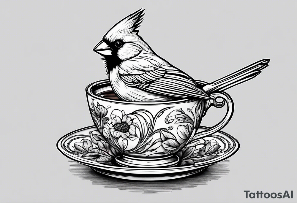 female cardinal drinking a cup of coffee tattoo idea