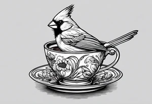 female cardinal drinking a cup of coffee tattoo idea