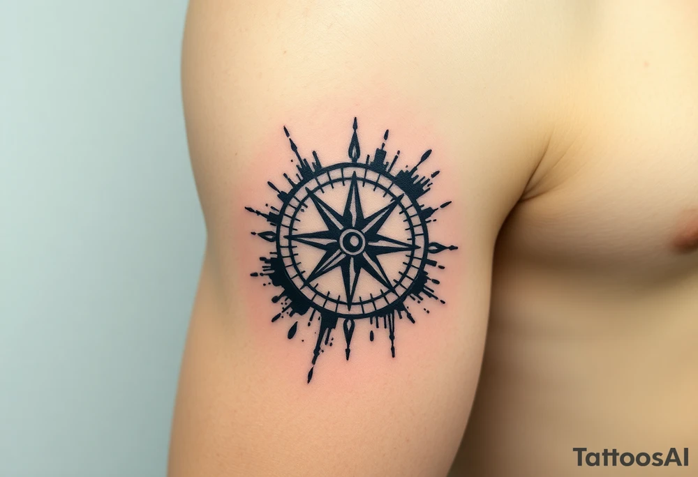 Compass tattoo in trash polka style with elements of blackwork, abstraction, geometry and sketch hatching, asymmetrical, torn, rough, with splashes and roughness, chaotic, raw and rough. tattoo idea