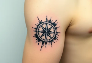 Compass tattoo in trash polka style with elements of blackwork, abstraction, geometry and sketch hatching, asymmetrical, torn, rough, with splashes and roughness, chaotic, raw and rough. tattoo idea