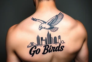 Tattoo On upper bicep 
Philadelphia Eagle classic bird flying over Philadelphia city skyline with the words Go Birds in bubble letters under it tattoo idea