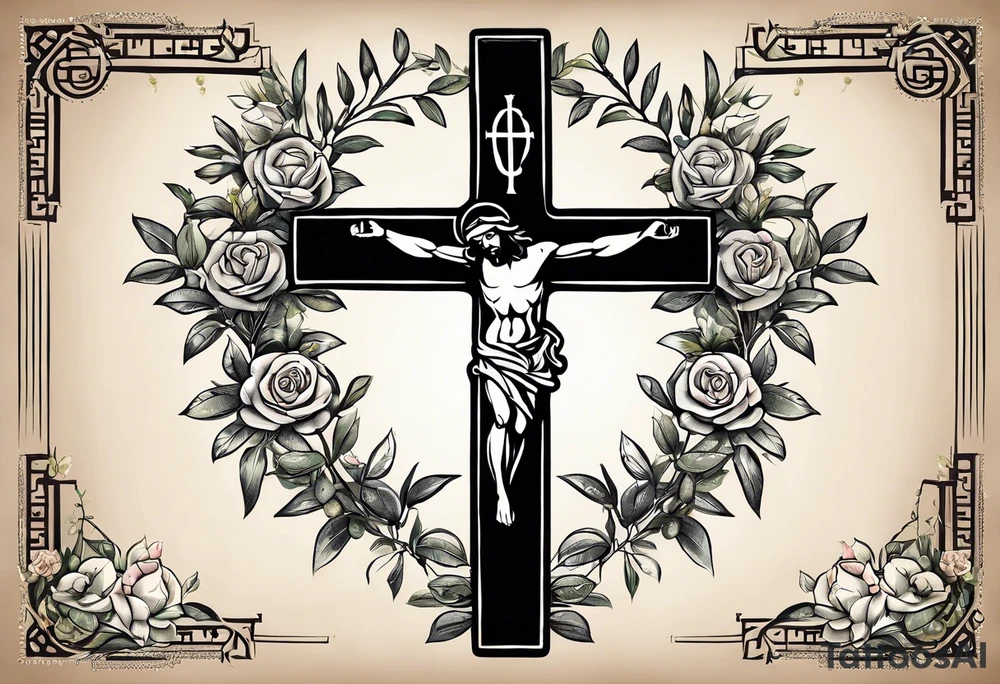 olive branch on wirst at bottom shaped like a manura lamp. A cross above that with smallers olive and rose branches and roses arount it with a crown above the cross on bothe sides small hebrew letters that say king of glory and the other says yeshua messiah in hebrew tattoo idea