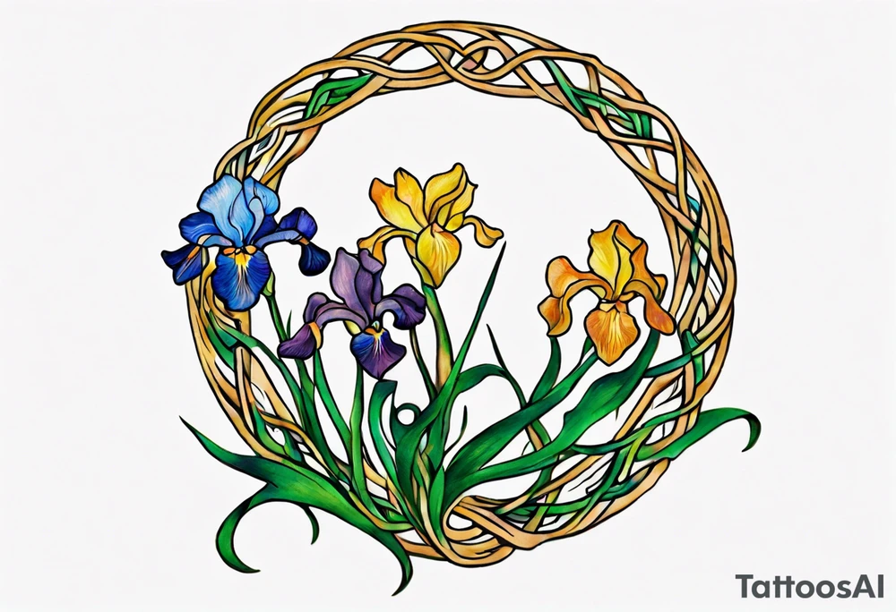 Create a colorful small Vincent van Gogh Irises tattoo with Celtic knots. The tattoo should take the form of a crescent, with vines gracefully intertwining at a central point in the middle of the wreath. Ensure that the design avoids the appearance of a bush and maintains a more structured and deliberate arrangement. The intended placement is on the upper chest. The overall design should be small in size while maintaining a delicate and artistic aesthetic. Pay attention to the graceful flow of the vines and the placement of the irises to achieve a refined and elegant look tattoo idea