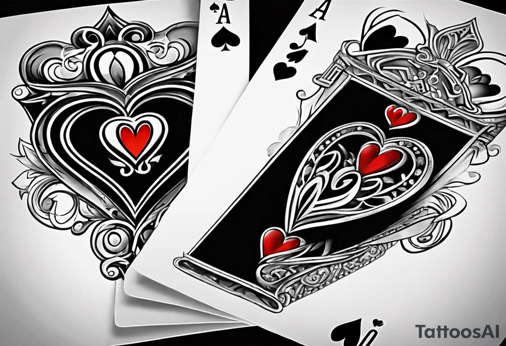 6 aces, overlapping in a row, first two faded/broken aces of hearts, but with first two aces broken or worn. tattoo idea