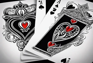 6 aces, overlapping in a row, first two faded/broken aces of hearts, but with first two aces broken or worn. tattoo idea