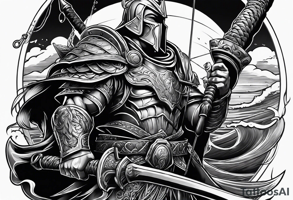 ares figure, angel, fishing rod tattoo idea