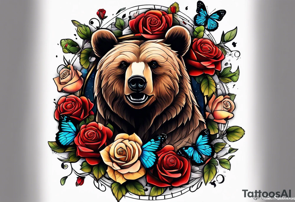 Bear under the tree of life with multiple colored roses and three butterflies for an upper arm tattoo. tattoo idea