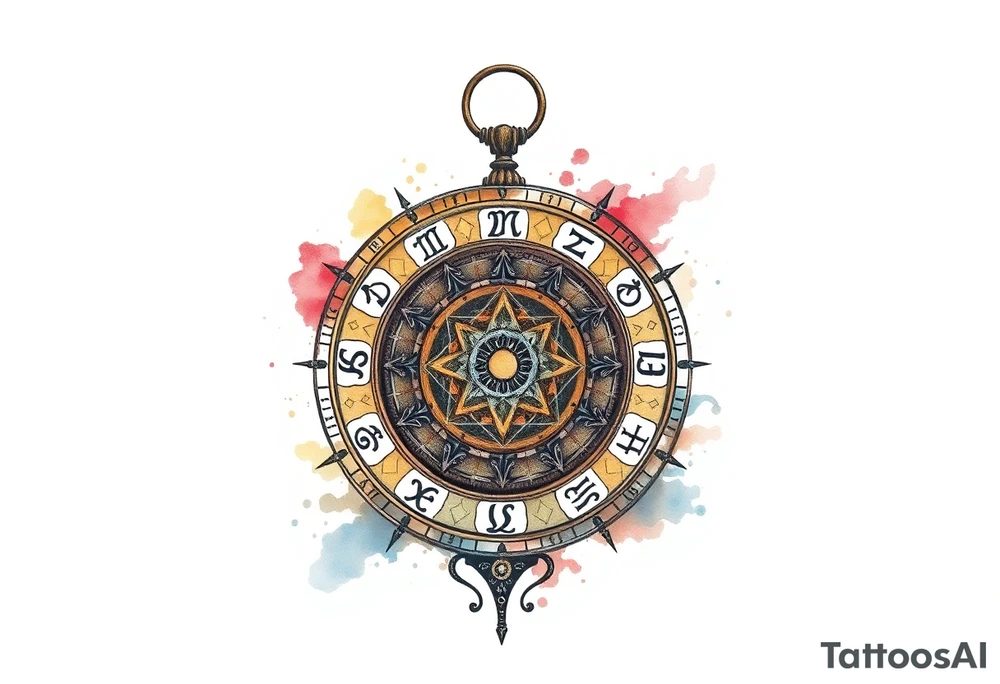 zodiac symbols runes within ornate clockwork mechanism tattoo idea