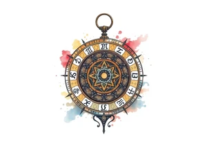 zodiac symbols runes within ornate clockwork mechanism tattoo idea