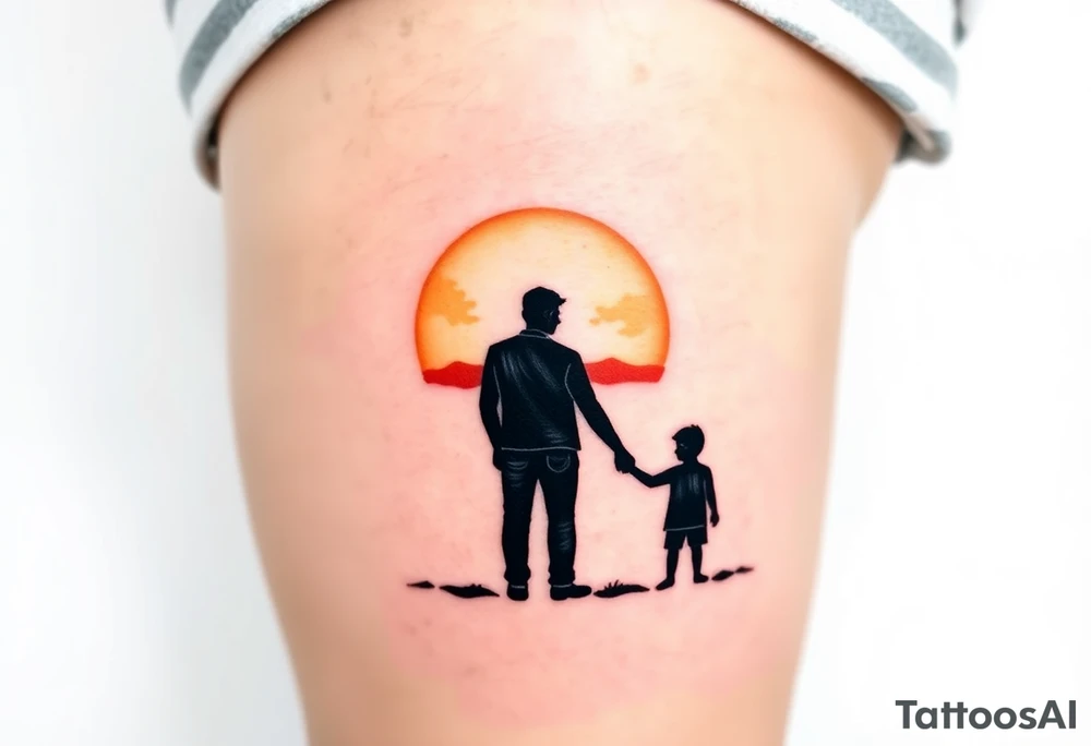 A soft watercolor sunset with two silhouetted figures father and son holding hands tattoo idea