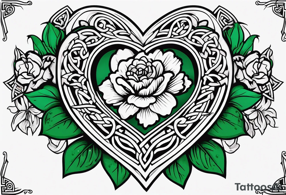 Irish Celtic wedding ring with an Emrald green gem in the middle of the heart with a bundle of carnations, leaves, and narcissus coming out of the hands. Simple tattoo idea