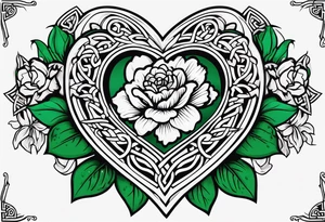 Irish Celtic wedding ring with an Emrald green gem in the middle of the heart with a bundle of carnations, leaves, and narcissus coming out of the hands. Simple tattoo idea